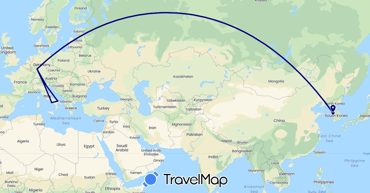 TravelMap itinerary: driving in Germany, Italy, South Korea (Asia, Europe)